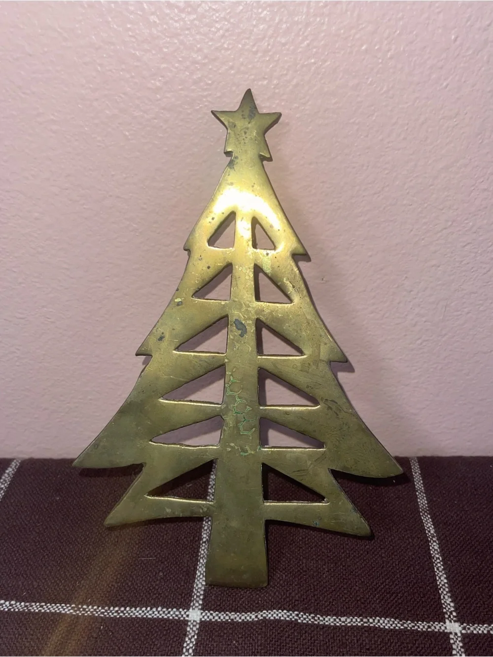 Golden Solid Brass Metal Holiday Christmas Tree Shape Trivet Vintage